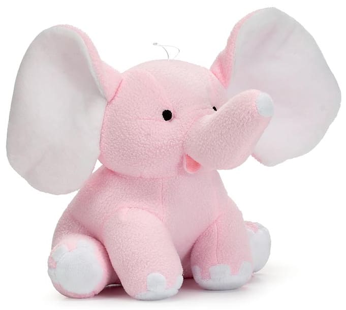 Pink plush elephant toy with large white ears