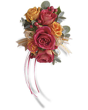 Hand-tied bouquet of pink and yellow roses with ribbon streamers
