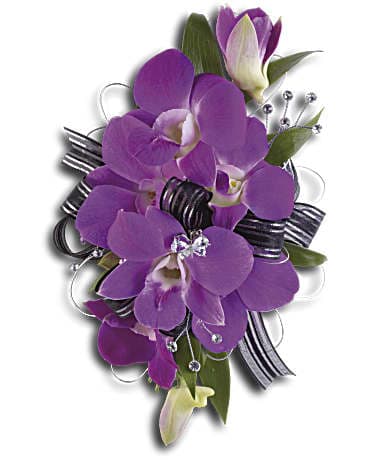 Purple orchid corsage with black ribbon and silver accents