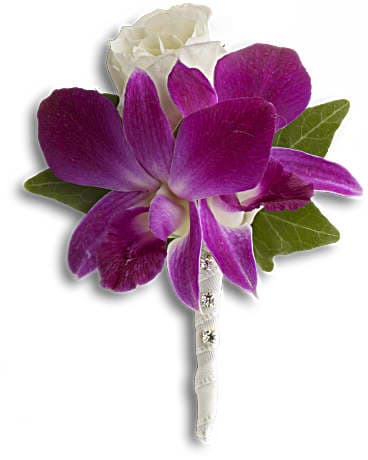 Purple and white orchid boutonniere with green leaves