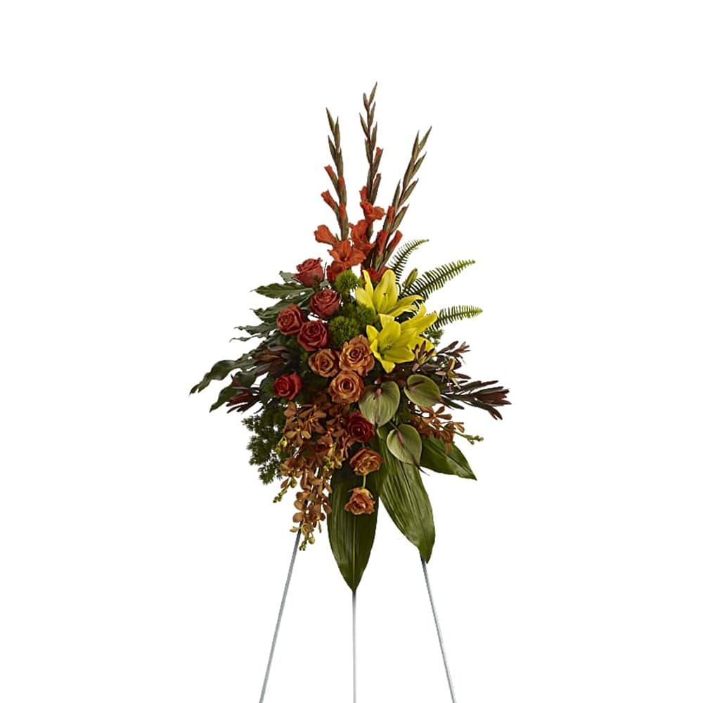 Tall floral standing spray with yellow lilies and red roses