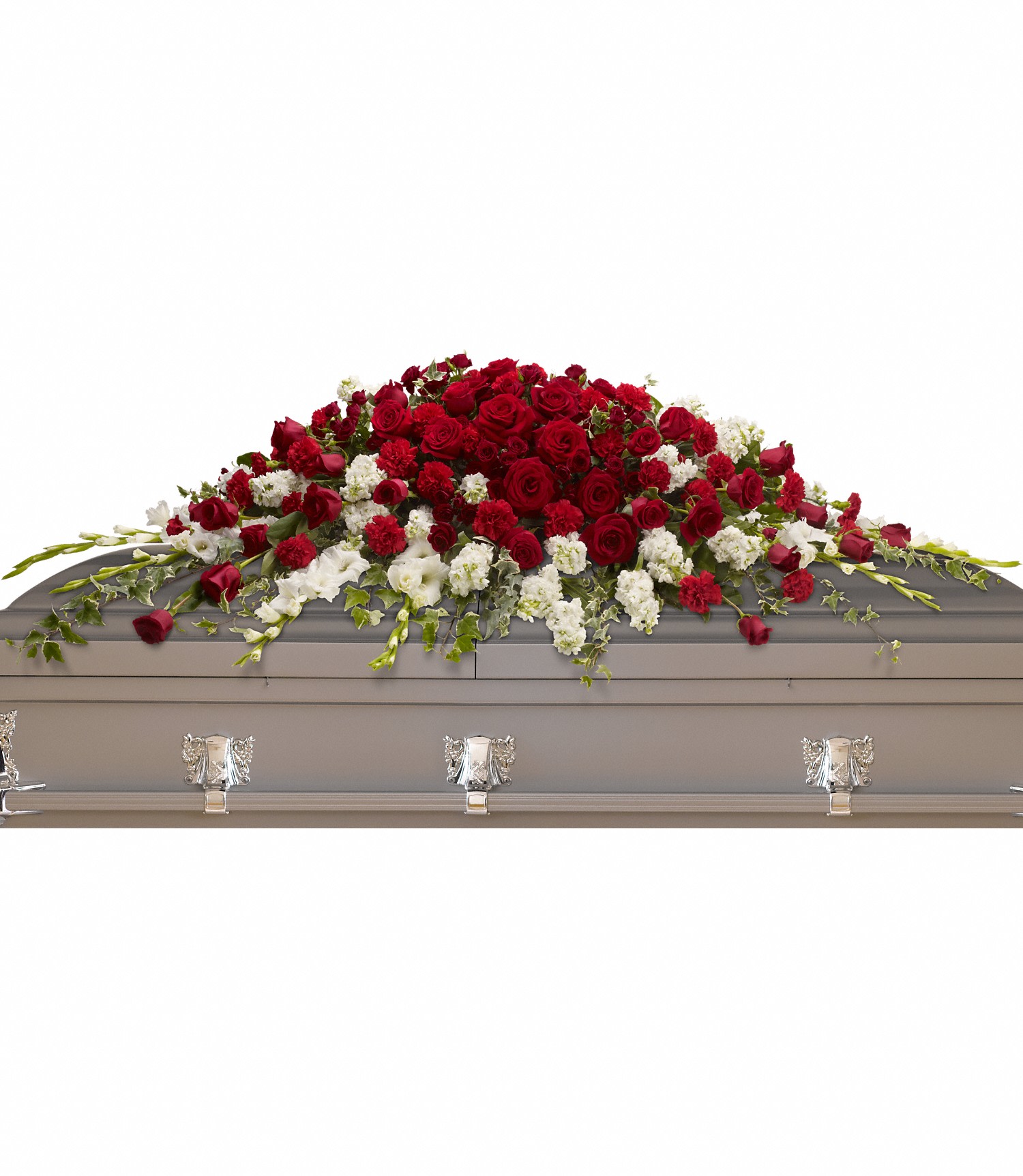 Red and white floral spray on a casket