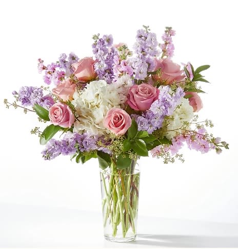 Embraced Bouquet - Wrap your recipient in love and warmth with this blooming bouquet of roses, hydrangea and fragrant eucalyptus.