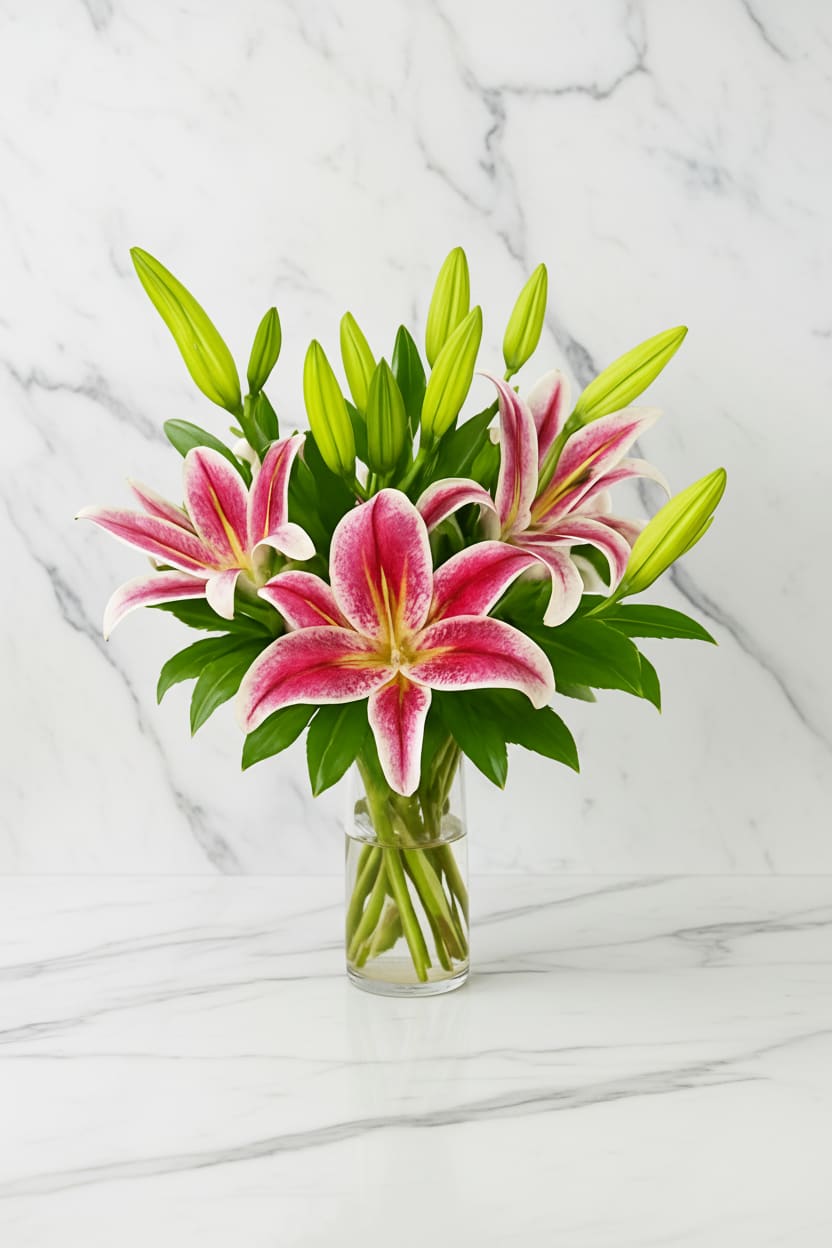 Pink and white lilies in a clear glass vase