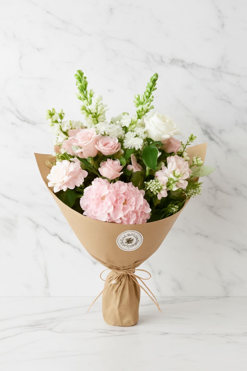 Pretty in Pink Wrapped Bouquet - Delight in the soft beauty of our Pretty in Pink Wrap Bouquet, featuring a charming mix of blush hydrangea, delicate pink and white roses, and fresh seasonal blooms. Hand-wrapped in natural kraft paper and tied with twine, this bouquet blends modern simplicity with timeless romance. Perfect for birthdays, anniversaries, or just because — a gift that says “you’re special” in the sweetest shades of pink.