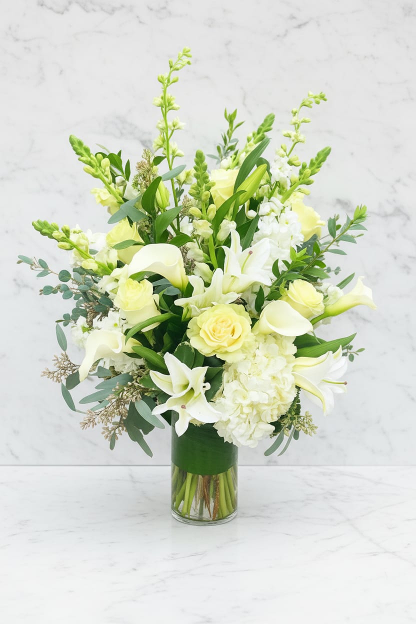 White and pale yellow flowers arranged in a clear glass vase