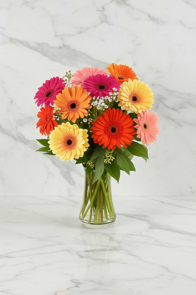 Happy Bay Gerberas - Brighten someone’s day with our Happy Bay Gerberas, a joyful arrangement inspired by the vibrant energy of San Francisco’s Polk Street. This cheerful bouquet features fresh Gerbera daisies in lively seasonal colors — from sunny yellows and bold corals to bright pinks and oranges — accented with soft greenery and delicate filler blooms.  Handcrafted with care at our Polk Street flower shop, this design brings warmth, color, and a touch of Bay Area charm to any space. Perfect for birthdays, celebrations, or just because!  Please note: Gerbera daisy colors may vary based on seasonal availability, but every arrangement is designed to radiate happiness. Available for same-day flower delivery in San Francisco and surrounding neighborhoods. 