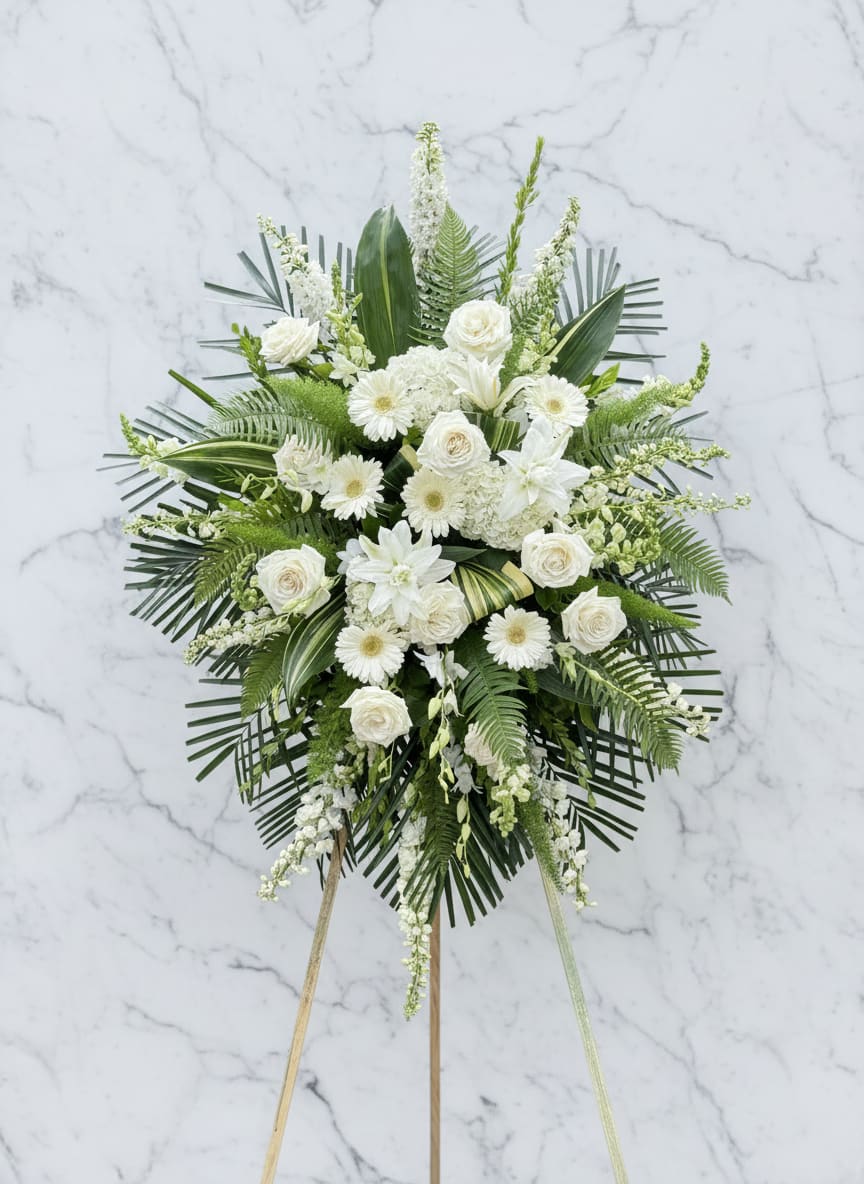 Standing Spray in Whites and Greens - An impressive sympathy design of white roses, hydrangea, orchids, lilies, gerbera daisies, and more that conveys your sentiment with pure elegance and class. *** NOT AVAILABLE FOR SAME DAY DELIVERY***  