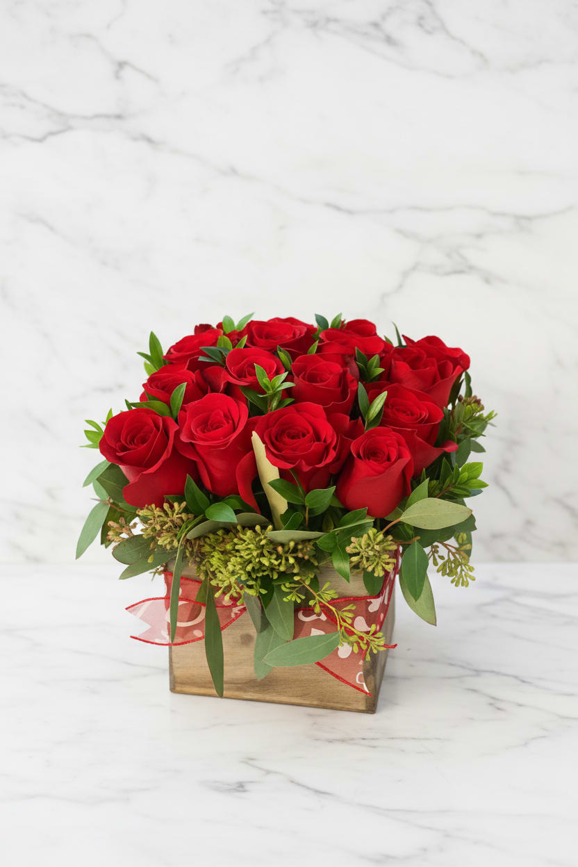 "Boxed" Roses - Boxed Roses  Classic romance meets modern design in Boxed Roses, a lush arrangement of premium red roses displayed in a rustic wooden cube. Accented with fresh greenery and a heart-accented ribbon, this stunning piece radiates love and sophistication. Perfect for anniversaries, Valentine’s Day, or any occasion worth celebrating, this signature Polk Street Florist design combines timeless beauty with handcrafted charm.