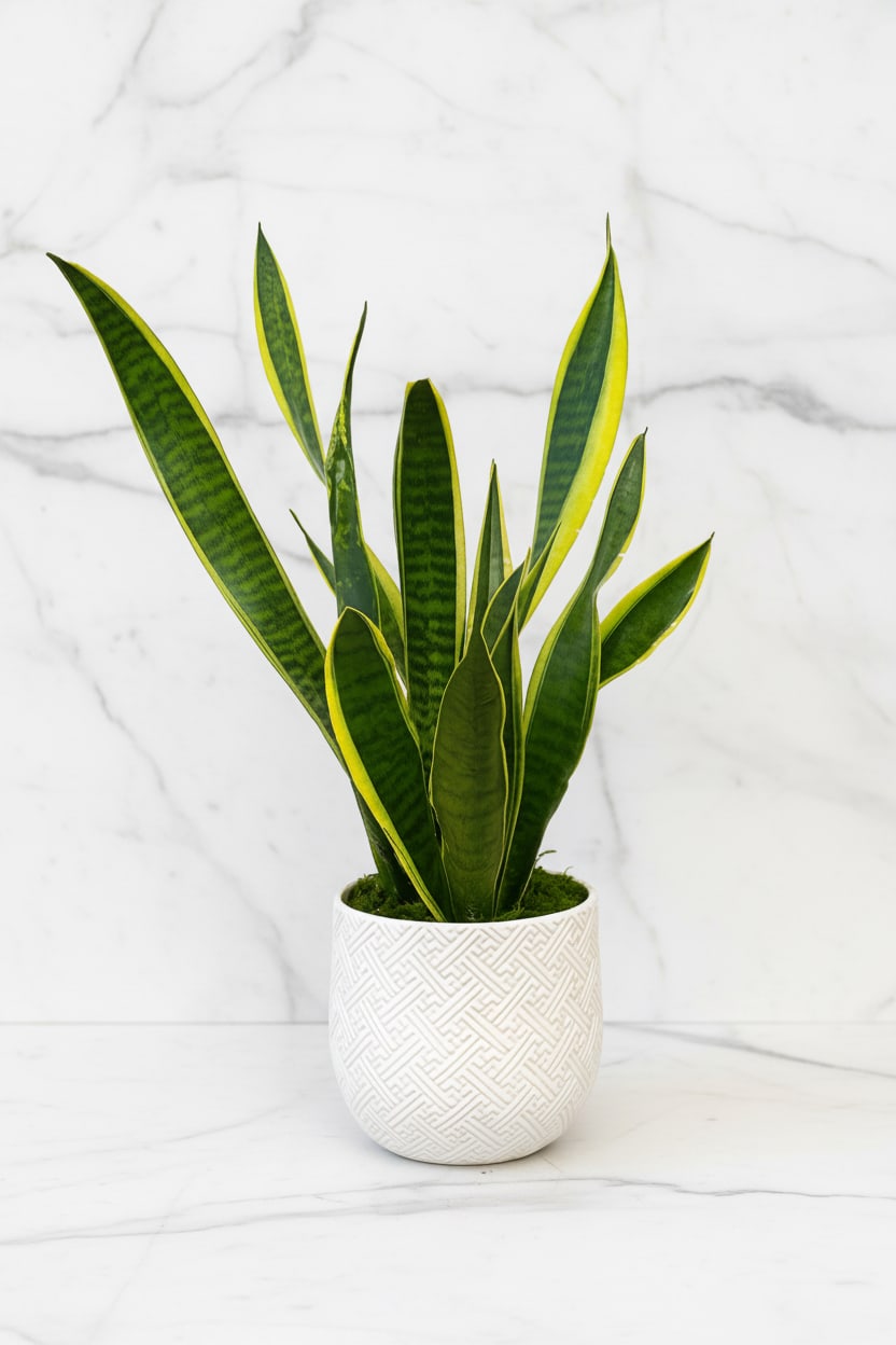 Snake plant - Sleek and modern, the Snake Plant brings effortless style and fresh energy to any space. Known for its striking upright leaves edged in golden yellow, this easy-care plant thrives in both low and bright light. Presented in a textured white ceramic pot, it’s the perfect accent for home or office décor.  Low maintenance. Air-purifying. Designed in San Francisco by Polk Street Florist. 