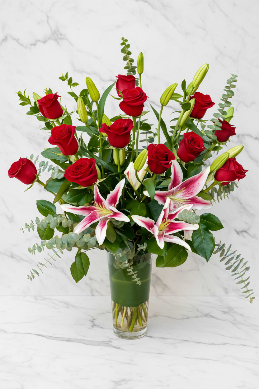 Stargazers and Red Roses - Stargazers and Red Roses — A breathtaking arrangement of radiant red roses and fragrant pink stargazer lilies, artfully designed to express love and elegance. Perfect for romantic occasions, anniversaries, or simply to make someone feel cherished. Each bloom is hand-selected for freshness and beauty, creating a stunning display that captures both passion and grace.