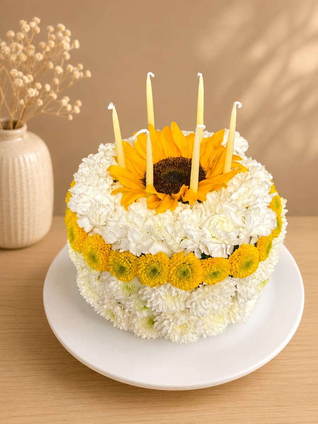 Birthday Sunlight Pastel - Floral Cake filled with carnations, pumpkin plums, sunflower and candles perfect and ready to celebrate life. 