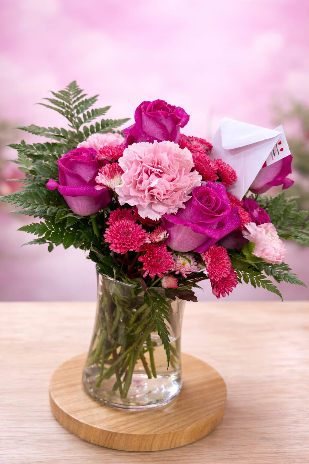 Blushing Bright Bouquet - Vivid magenta roses set the tone in this birthday and anniversary flower arrangement, a compact bouquet that reads romantic and joyful at once. Designed as a gift for someone you want to make feel adored, the Blushing Bright Bouquet pairs those roses with pale pink carnations and bright pink chrysanthemums to create a lush, cheerful statement that suits birthdays, anniversaries, or an easy "I'm thinking of you."  Flowers are tightly layered for a full, rounded silhouette with fern-like greenery peeking out to add air and texture. The mix of pinks and touches of white gives depth while staying feminine and fresh; stems arrive in a clear glass vase set on a wooden round base and finished with a white paper wrap for clean presentation. Sized for tabletops and desks, the arrangement's compact proportions make it an effortless centerpiece or a personal gift that looks finished right out of the box.  Choose this bouquet when you want her to feel truly seen-bright, romantic, and delightfully fragrant without being fussy. Care is simple: keep the vase topped with fresh water, trim stems every few days, and place away from direct heat to extend bloom life.