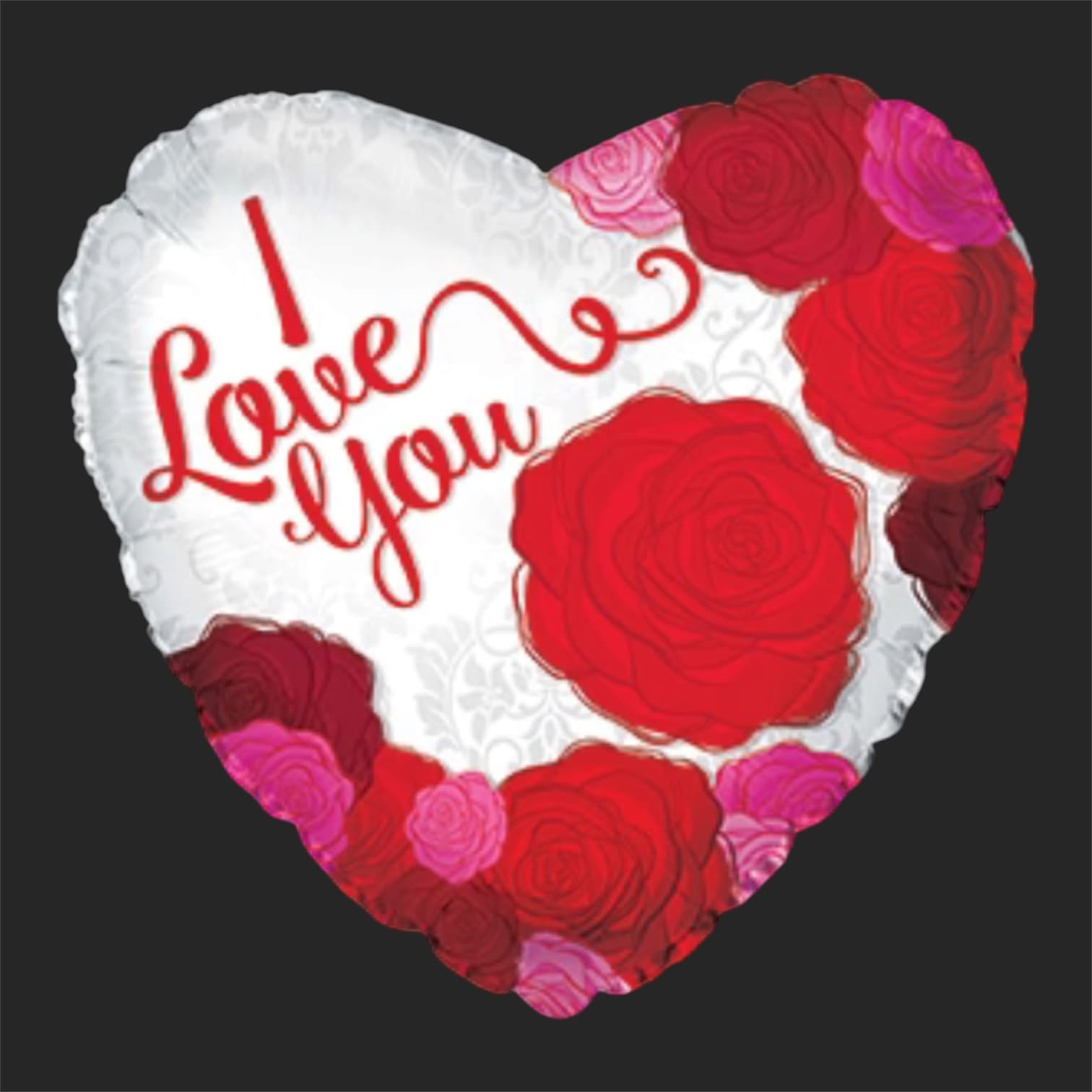 Heart-shaped balloon with "I love you" text and rose graphics
