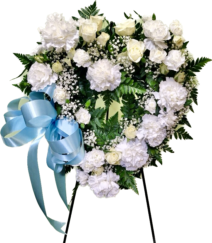 Pure Love Sympathy Spray - This all white petite heart is a perfect loving remembrance. It stands on an easel that is about 54 inches tall and the heart is about 16 inches wide. 