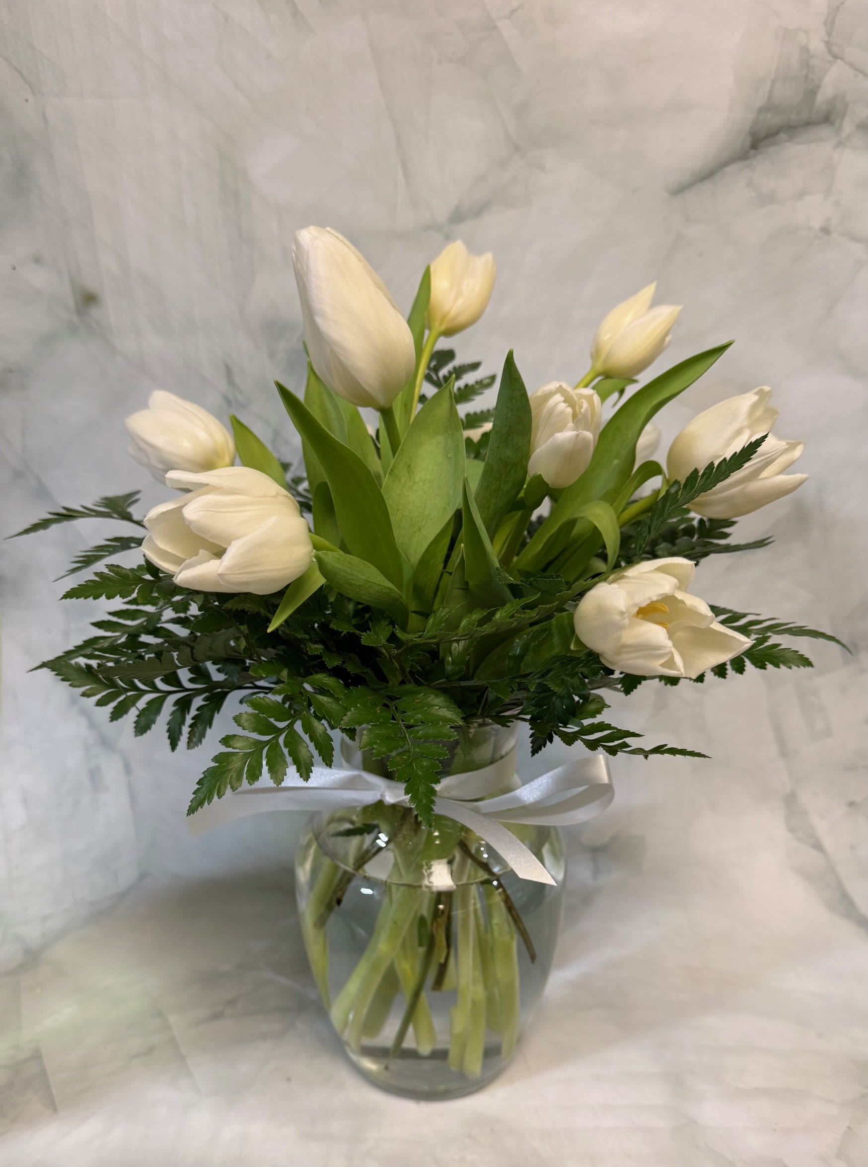 White tulips arranged in a glass vase with a white ribbon.