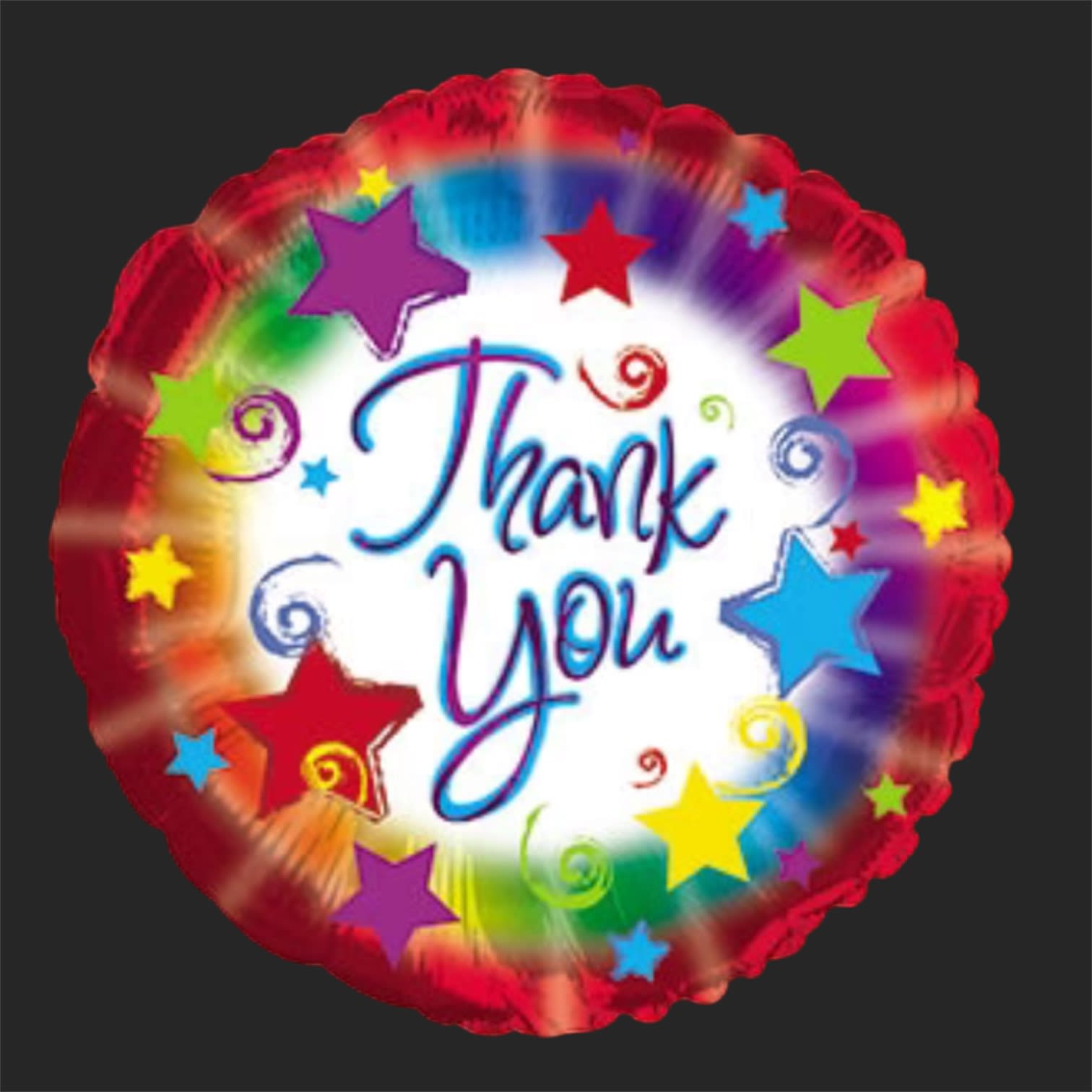 Round foil balloon with colorful stars and the words Thank You
