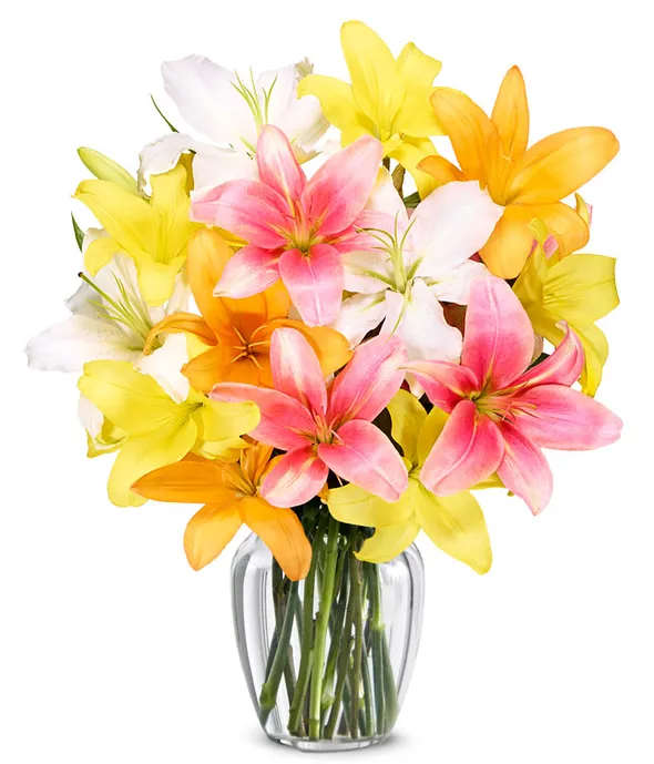 Bouquet of pink, yellow, white, and orange lilies in a clear glass vase