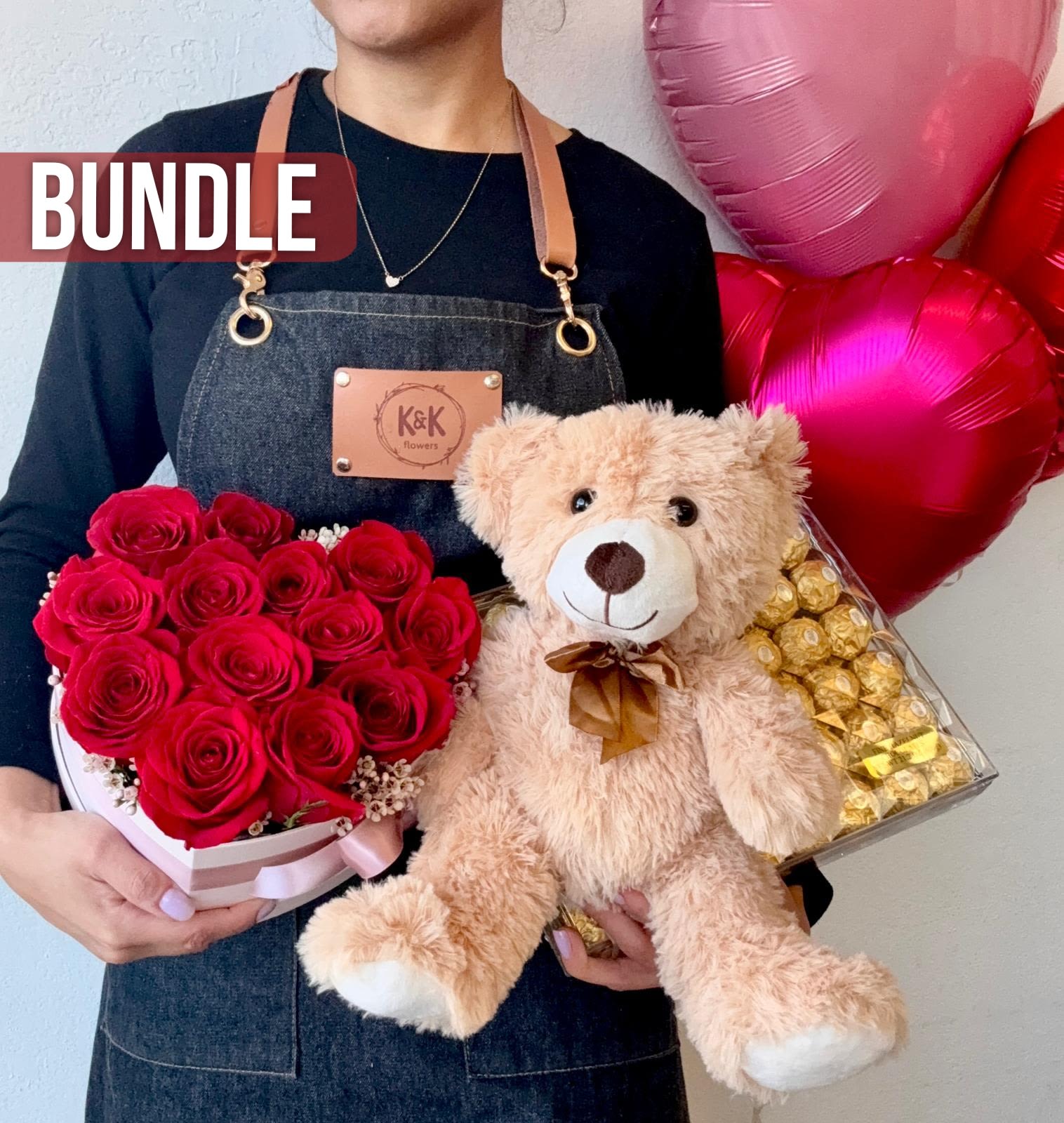 "All My Love" Bundle - Make this Valentine’s Day unforgettable with our exclusive romantic bundle, featuring:  •A SMALL heart-shaped box of Fresh premium red roses. • A 10-inch. teddy bear  • 48 ct. box of Ferrero Rocher chocolates. • 3 Heart-shaped balloons, VDAY colors.    