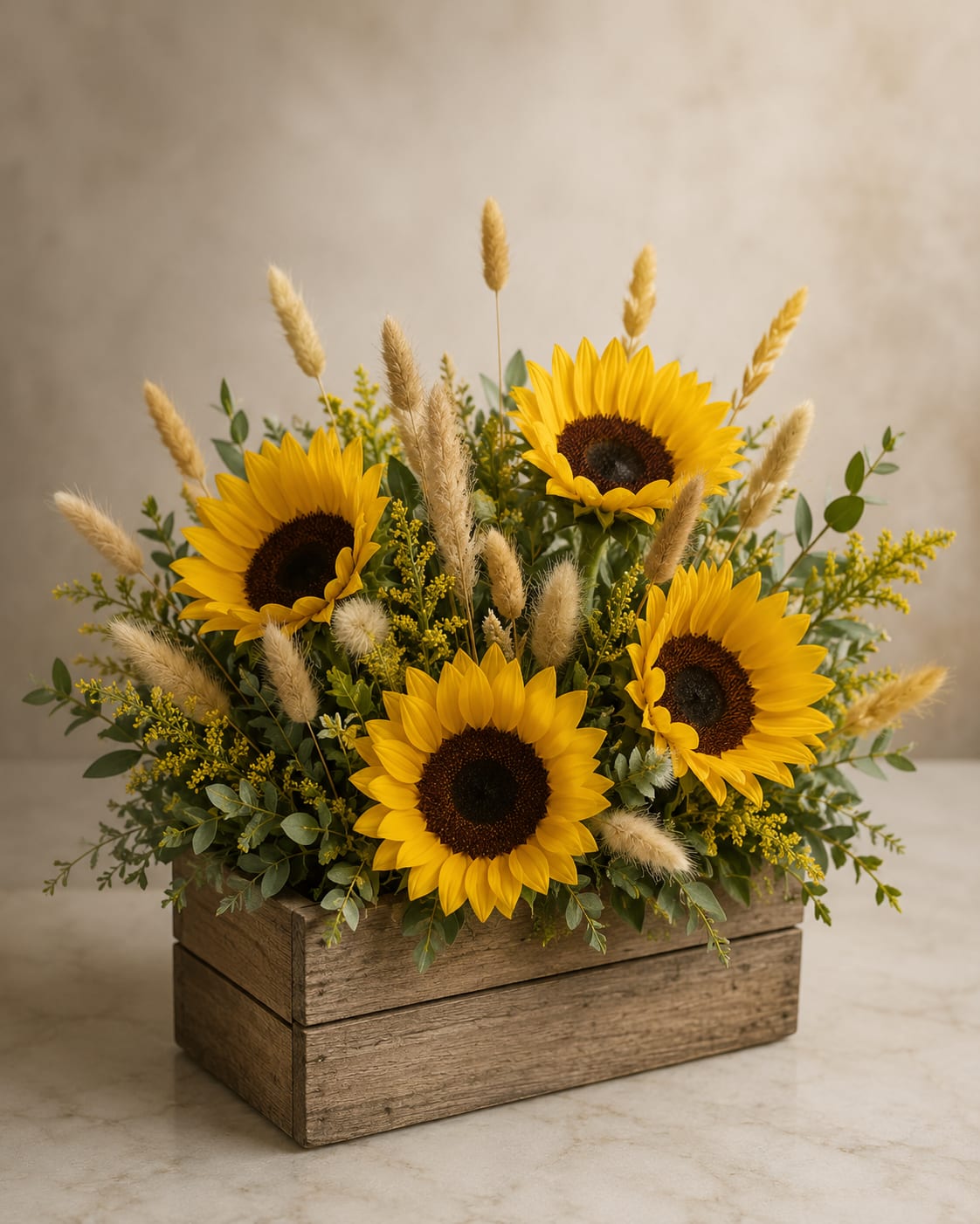Autumn Glow - Bright, cheerful sunflowers burst from a rustic wooden box in this fall-ready flower arrangement - a perfect autumn bouquet for seasonal gifting or to brighten a cozy home. The arrangement reads like a sunlit meadow: bold yellow sunflower faces paired with small yellow filler blooms and tall, airy dried grasses that give it a slightly wild, natural silhouette. It's an ideal choice for a hostess gift, a Thanksgiving centerpiece, or a "thinking of you" surprise that feels both joyful and grounded.  Crafted in a low wooden box, the composition emphasizes texture and warmth - the smooth sunflower petals against the feathery grass plumes and the warm grain of the wood. The color palette stays within sunny yellow and green tones with neutral dried accents, so it complements autumn decor without overwhelming a mantel or table. Because of its shape and height from the grass accents, it works well as a focal display on a sideboard or entry table.  Designed for everyday gifting and seasonal display, this arrangement makes the recipient feel warmly celebrated and comforted by its rustic charm. No special care is required beyond fresh water for any cut stems and keeping it away from direct heat to prolong the life of the blooms and dried elements.