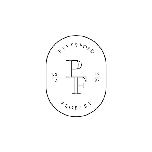 Black and white Pittsford Florist monogram logo with PF initials in an oval frame