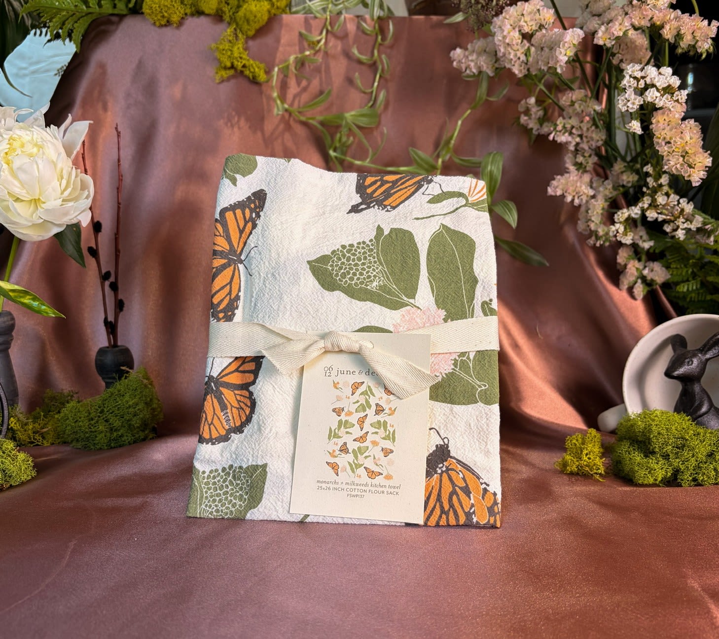 June &amp; December Monarchs and Milkweeds Kitchen Tea Towel - 100% cotton flour sack, soft-touch, absorbent Screen printed with eco-friendly inks, printed in the USA