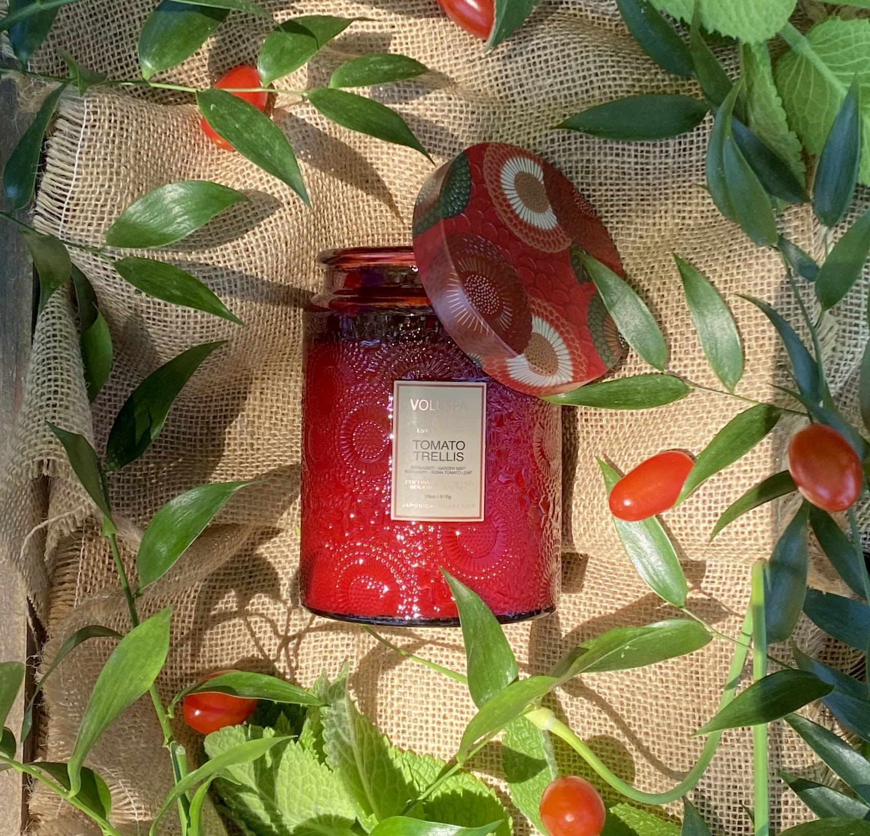 Voluspa Tomato Trellis Large Glass Jar Candle 18 oz - Voluspa Tomato Trellis Large Glass Jar Candle 18 oz  Fragrance Notes: Bergamot, Garden mint, Rosemary and Roma tomato leaf