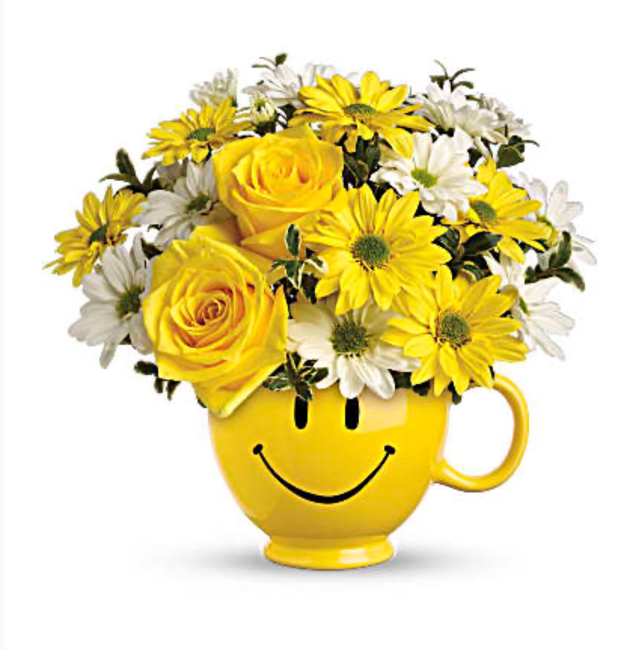Yellow roses and daisies in a smiley-face mug
