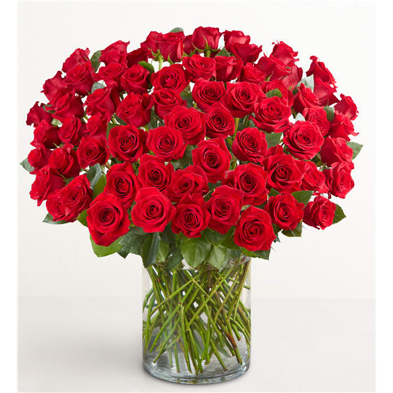 Bouquet of red roses in a clear glass vase