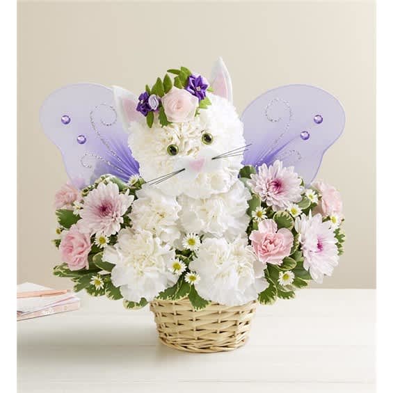 Cat-shaped flower basket with pink and white blooms and purple wings