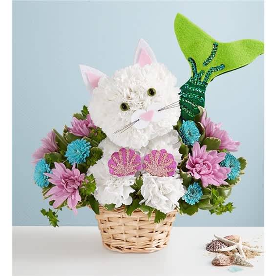 Basket arrangement shaped like a cat with white and pink flowers