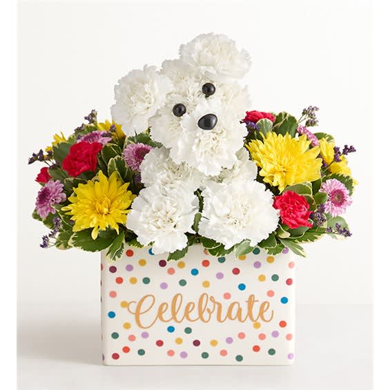 White teddy bear made of flowers in a polka-dot gift box with colorful blooms