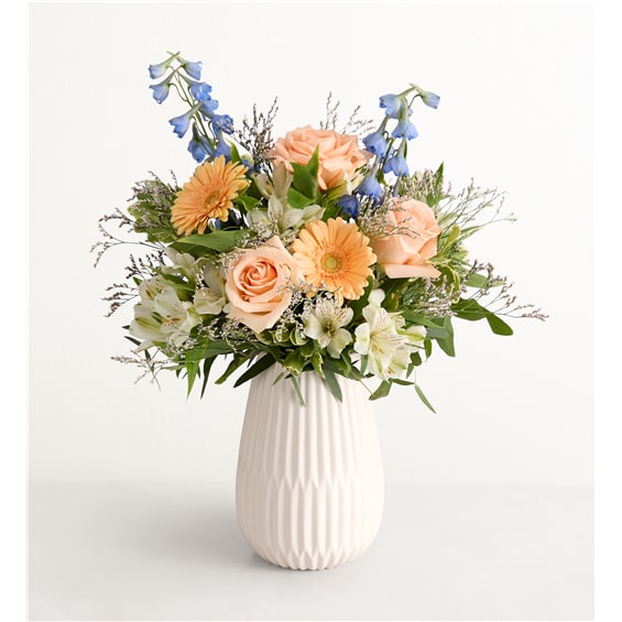 Peach roses and blue delphinium in a white vase