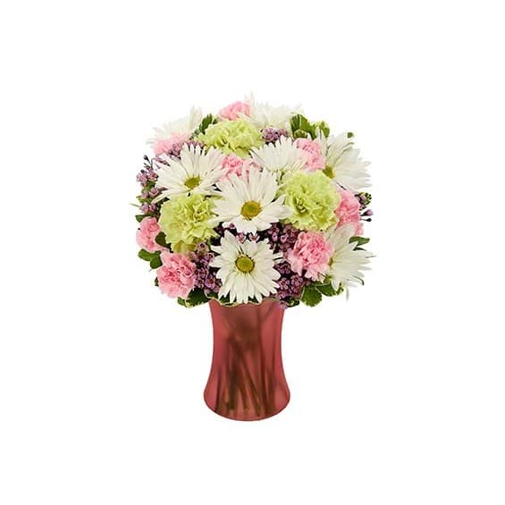 Pink and white mixed bouquet in a red vase