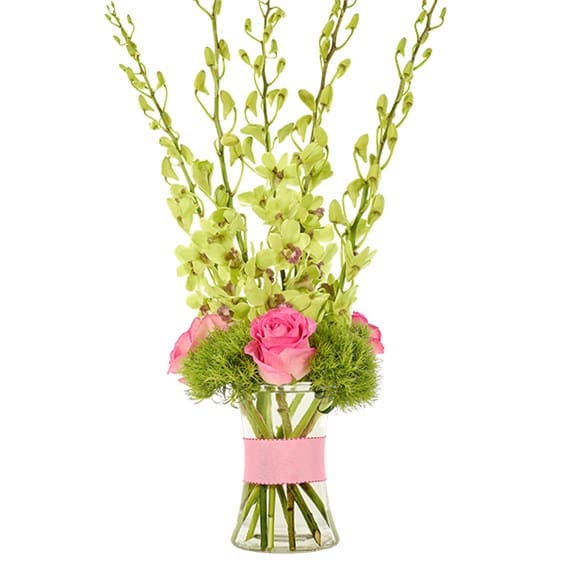 Pink roses in a clear glass vase with tall green stems and lime accents