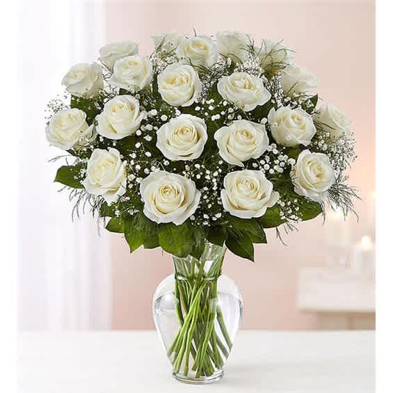 White roses arranged in a clear glass vase with baby's breath