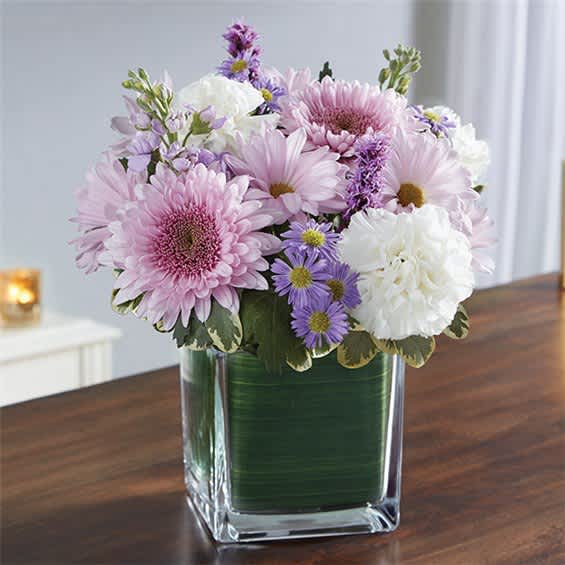 Pink and white flowers in a clear square vase