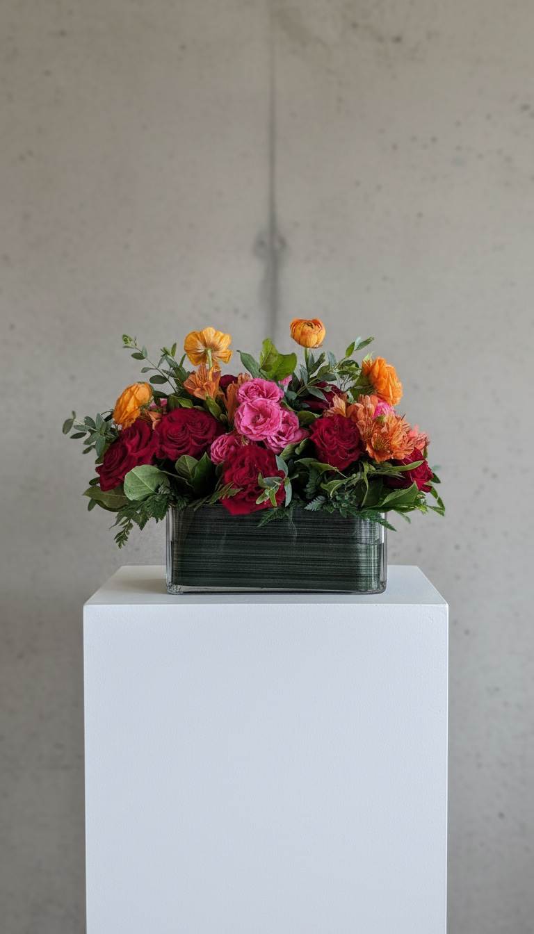 Mixed bouquet of red, pink, and orange flowers in a rectangular glass vase