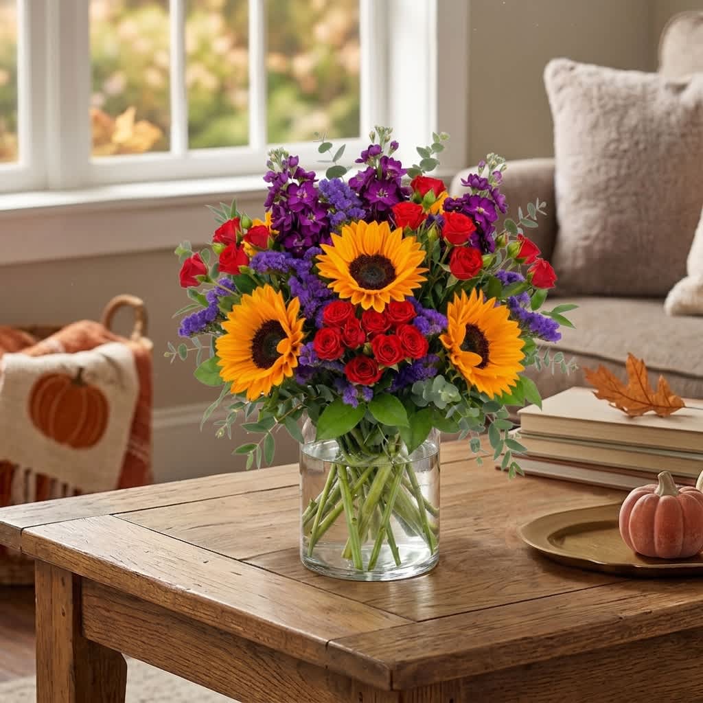 Bouquet of sunflowers, red roses, and purple flowers in a clear glass vase