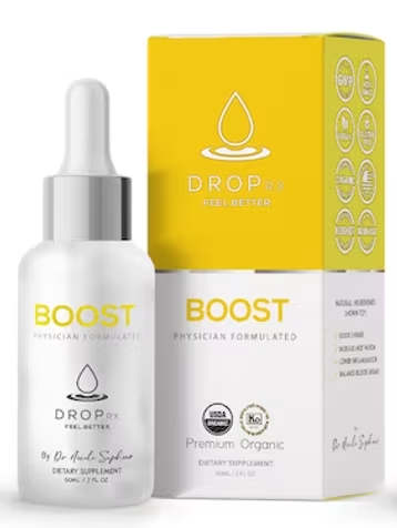 White dropper bottle beside a yellow and white product box