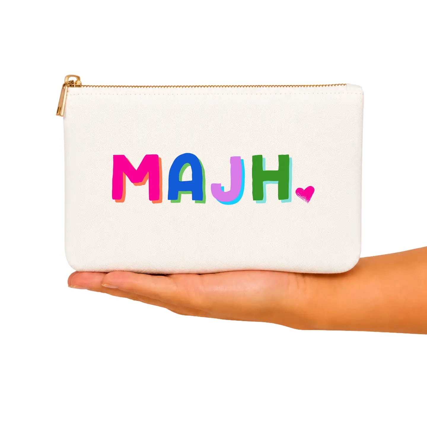 White zip pouch with colorful MAJH lettering and a small heart