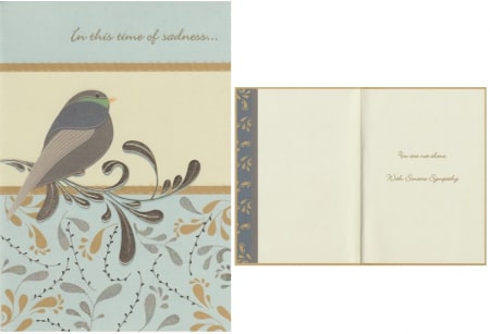 Sympathy card with a bird illustration and an open blank interior