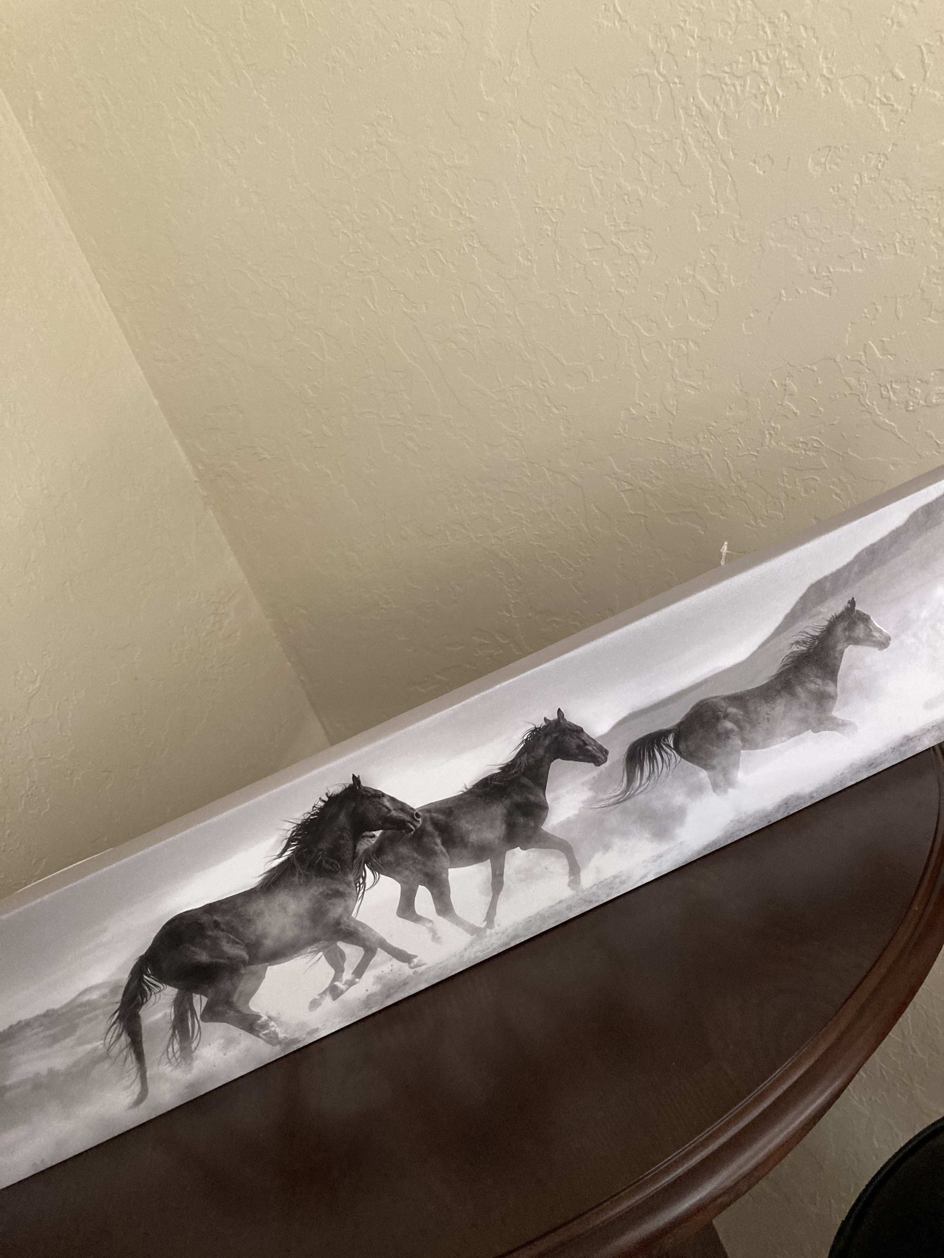 Running Horses Canvas - For the horse lover, white color, grayscale canvas. Distant hills in the background, and three black horses running.    Dimensions: 6" H x 36.13" W x 1.06" D 
