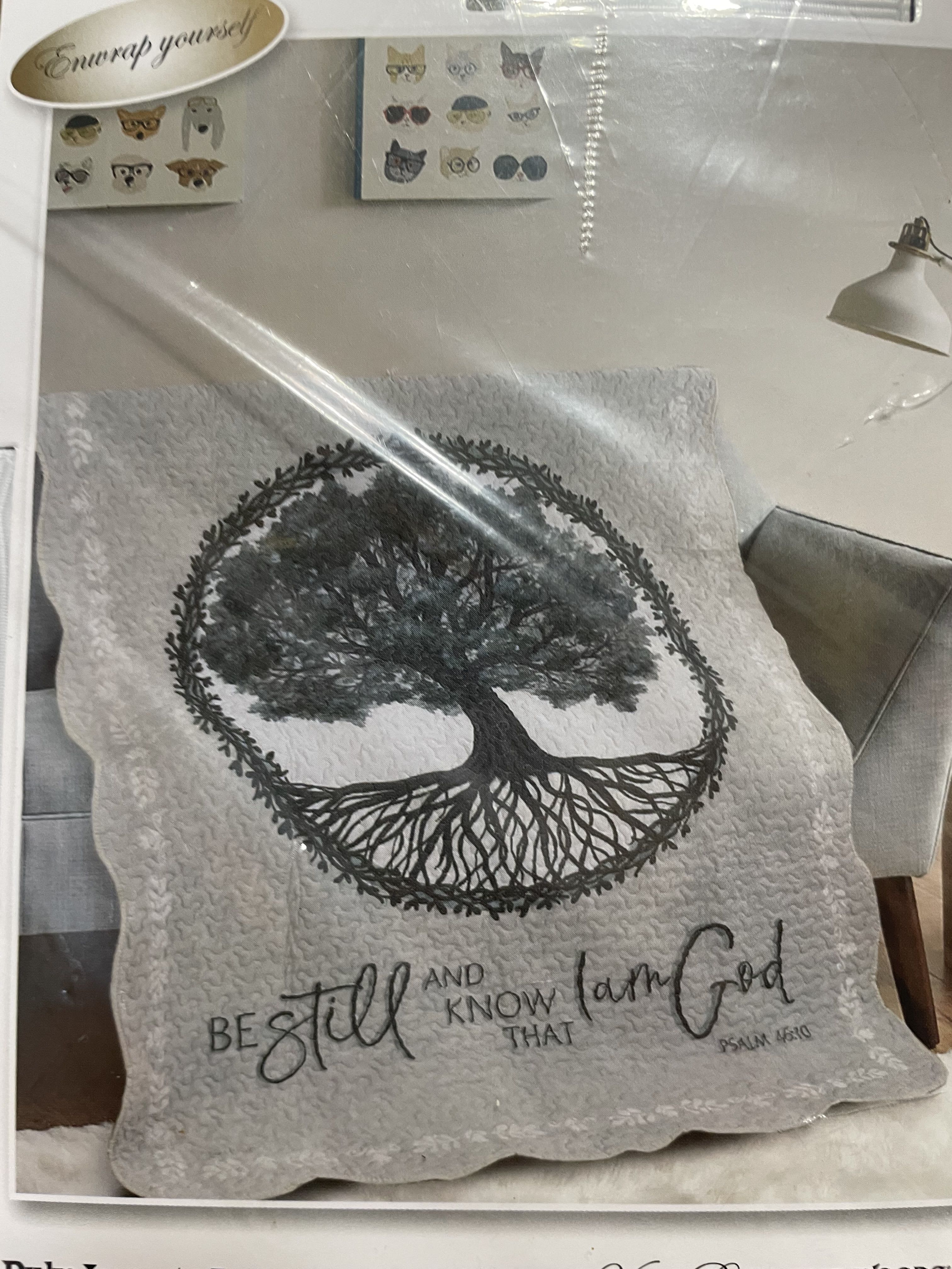 Quilted throw pillow with a tree and Psalm 46:10 text