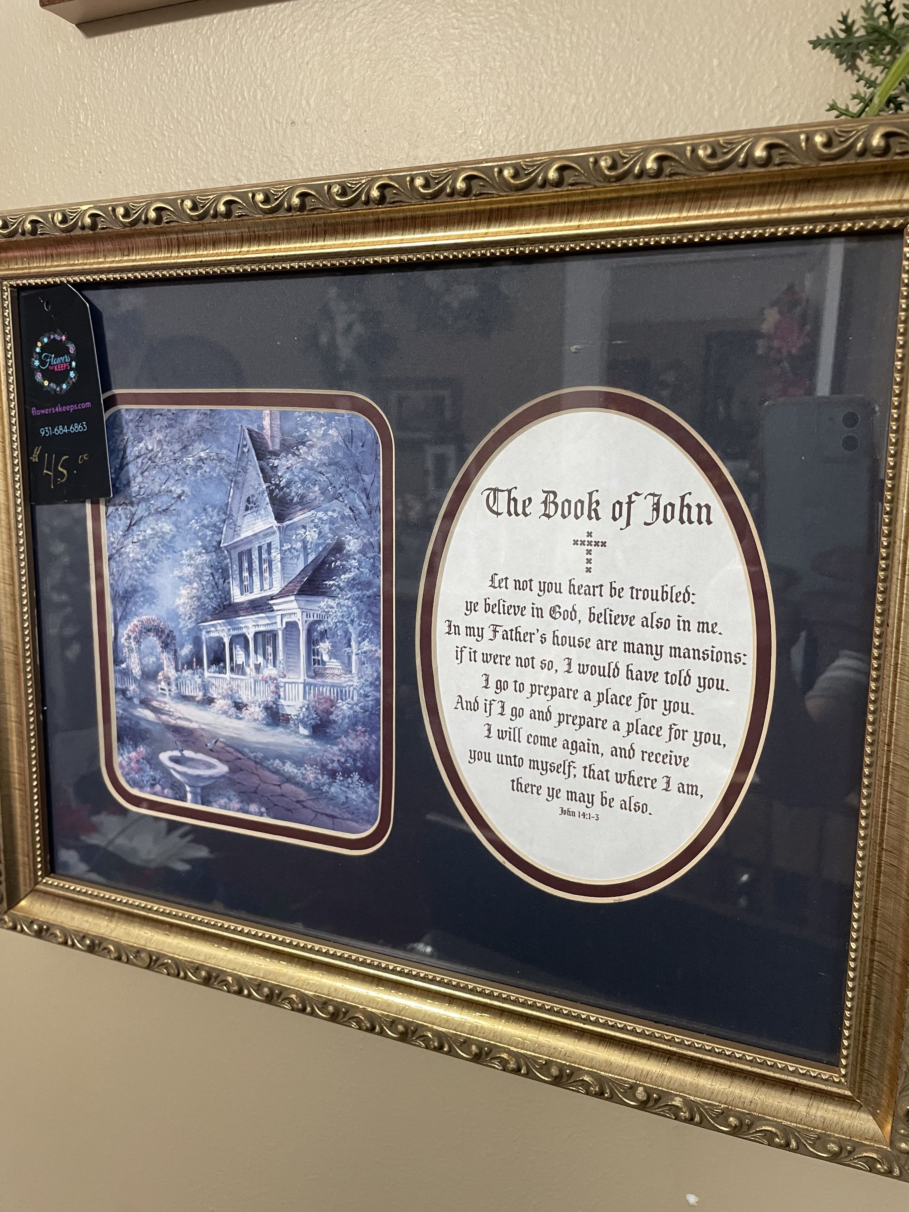 Book of John Decor - 12x16 Framed Decor. Old World lettering. Gold Frame. Wire Hanger. 