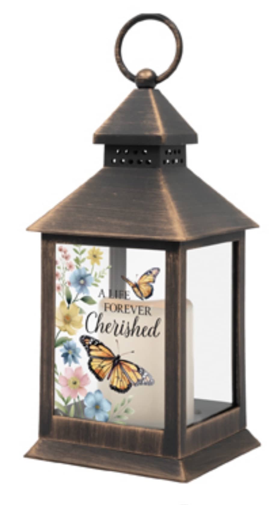 Decorative lantern with butterflies and floral memorial text