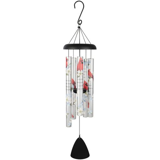 Hanging wind chime with floral-patterned tubes and a black top and clapper
