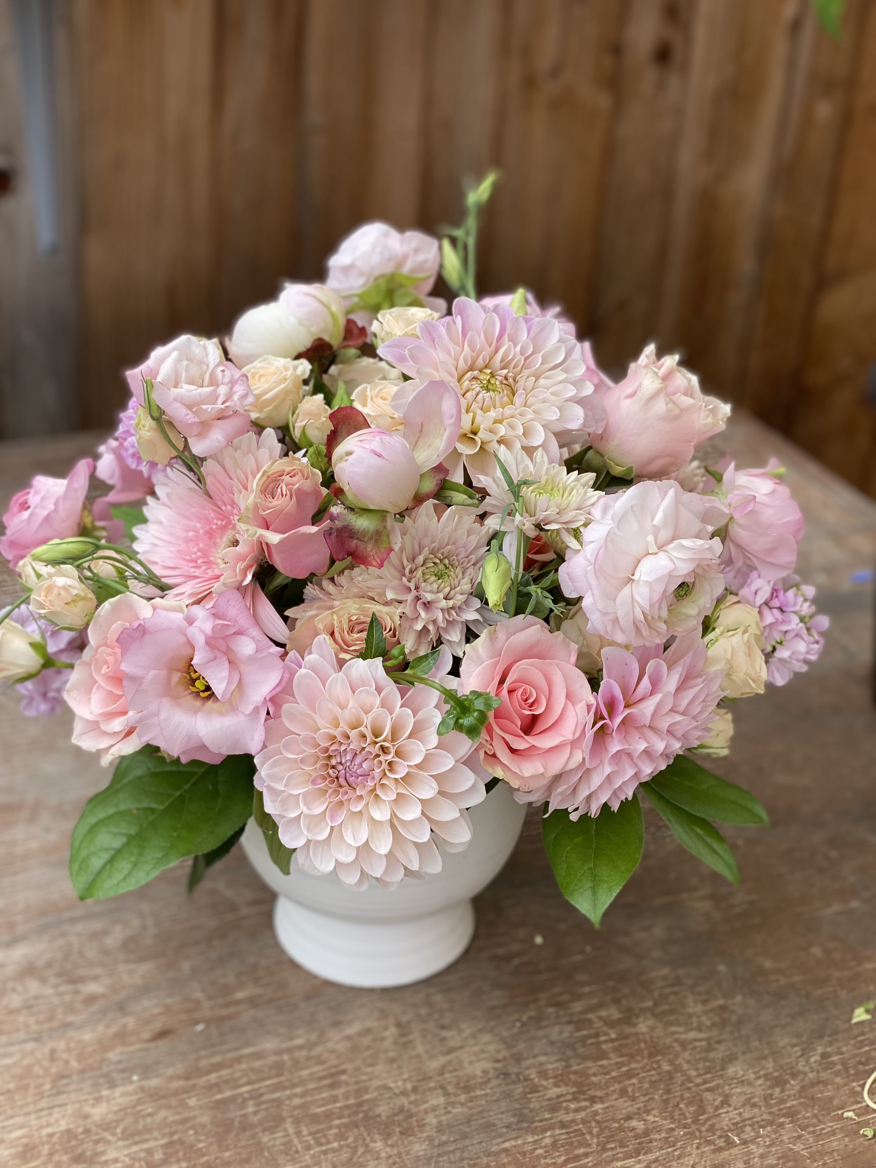 Pink Gal - Gorgeous all pink arrangement, includes roses dahlias, peonies, stock and much more. (Please note some blooms may be substituted)