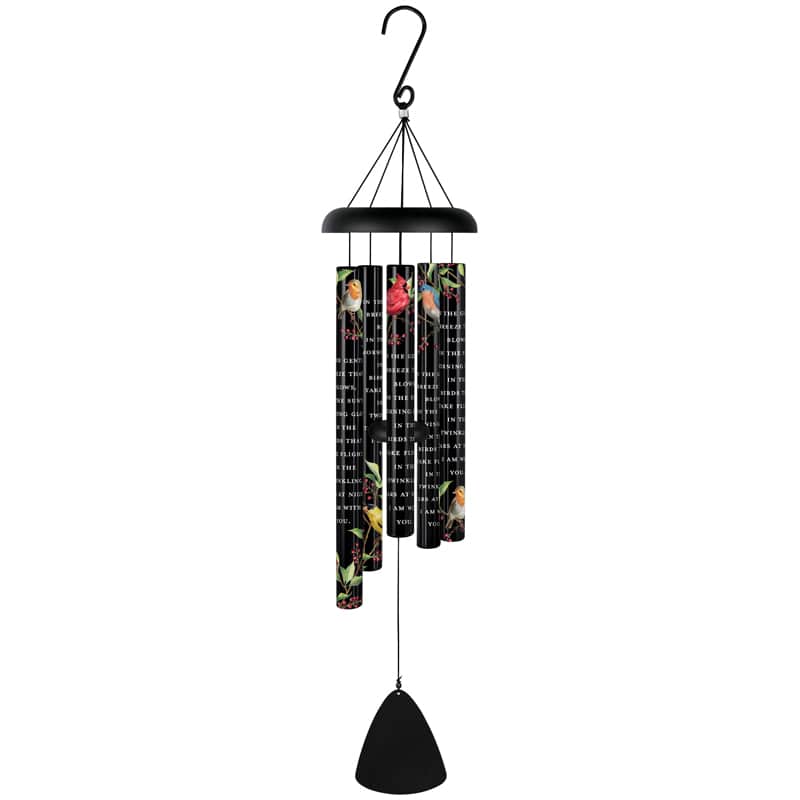 Black hanging wind chime with colorful bird and floral prints