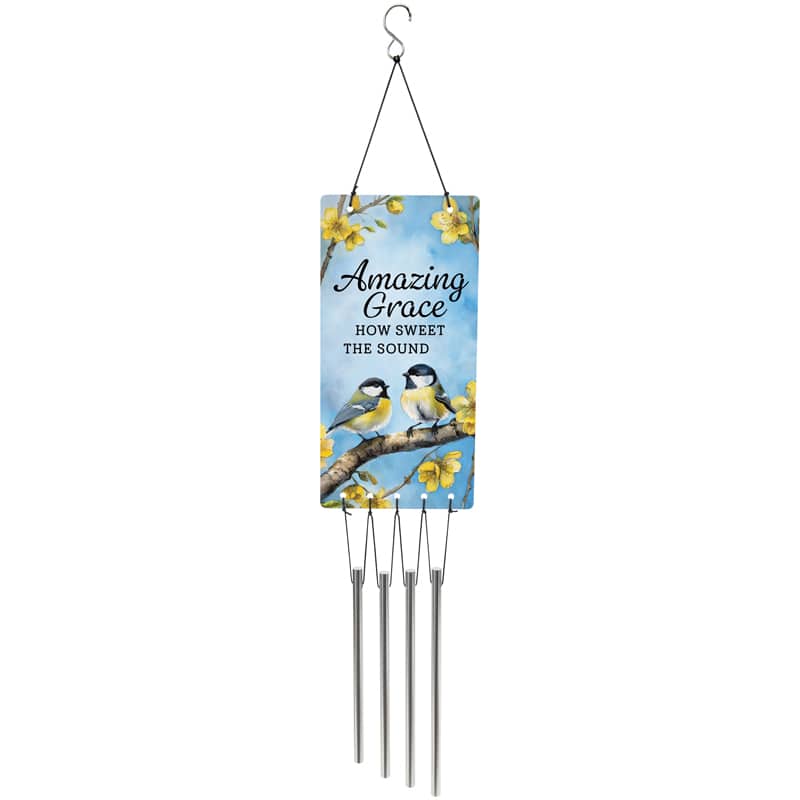 Hanging wind chime with a blue plaque, yellow flowers, and birds